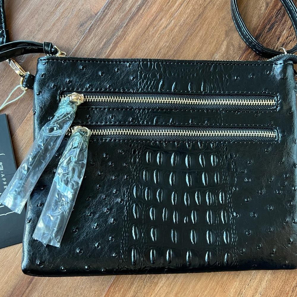 NWT Poppi Vegan Black Croco Leather Crossbody Bag! - Picture 3 of 11